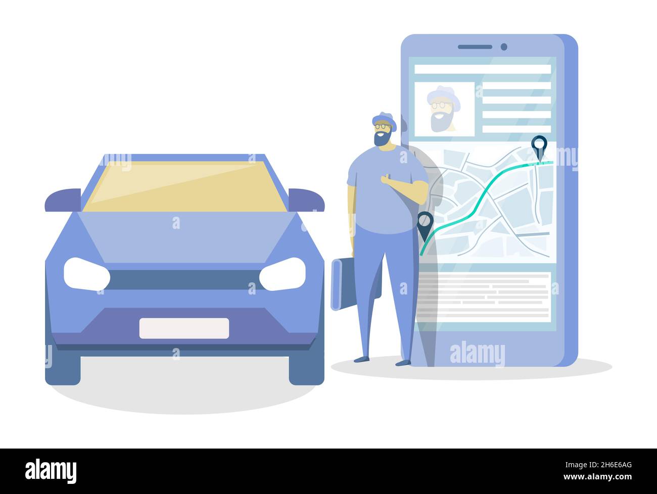 Homme utilisant l'application mobile pour le covoiturage, la commande automatique pour le partage ou la location.Partage de voiture en ligne, services de location de voiture, Vector. Illustration de Vecteur