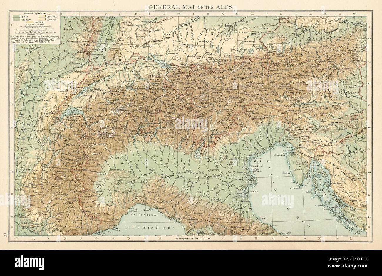 Carte générale des Alpes, montrant les chaînes alpines.LE TIMES 1895 vieux  Photo Stock - Alamy