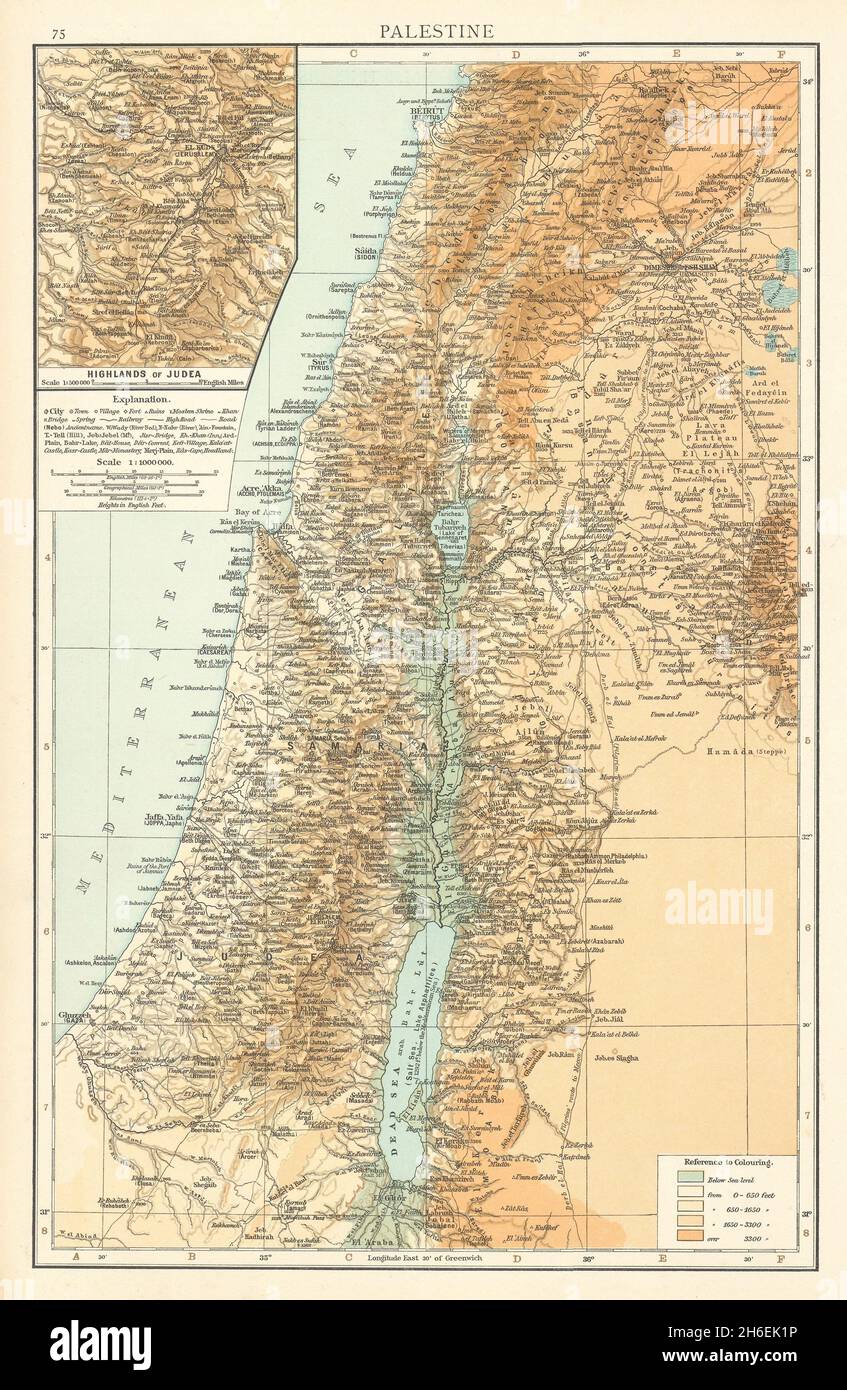 Palestine.Les hautes terres de Judée.Noms anciens et arabes.Terre Sainte.CARTE TIMES 1895 Banque D'Images