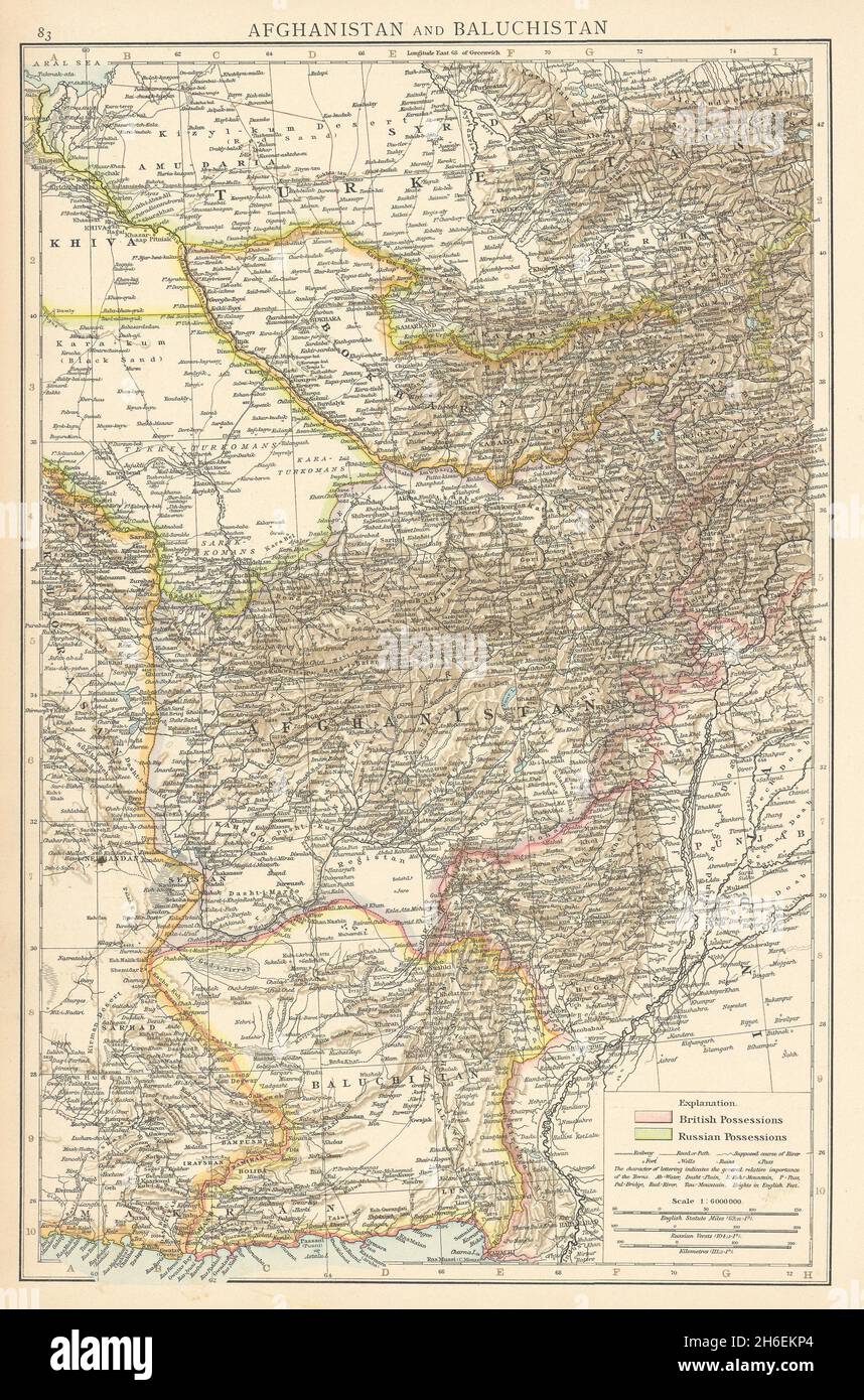 Asie centrale.Afghanistan Balouchistan Pakistan Ouzbékistan Bokhara TIMES 1895 carte Banque D'Images