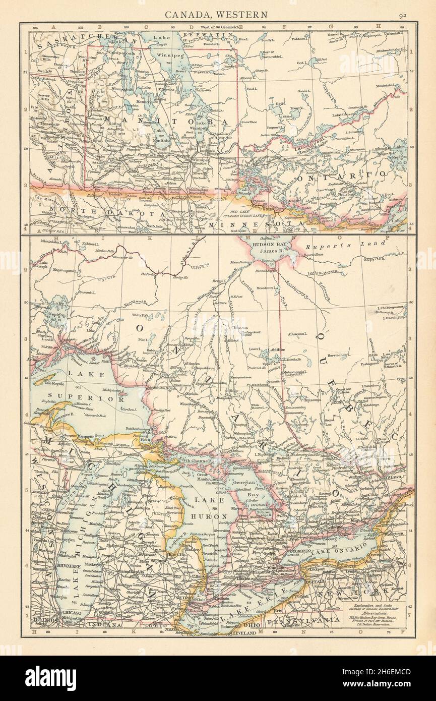 Canada, Ouest.Timbre-poste du Manitoba.Grands lacs.LA CARTE DU TIMES 1895 Banque D'Images