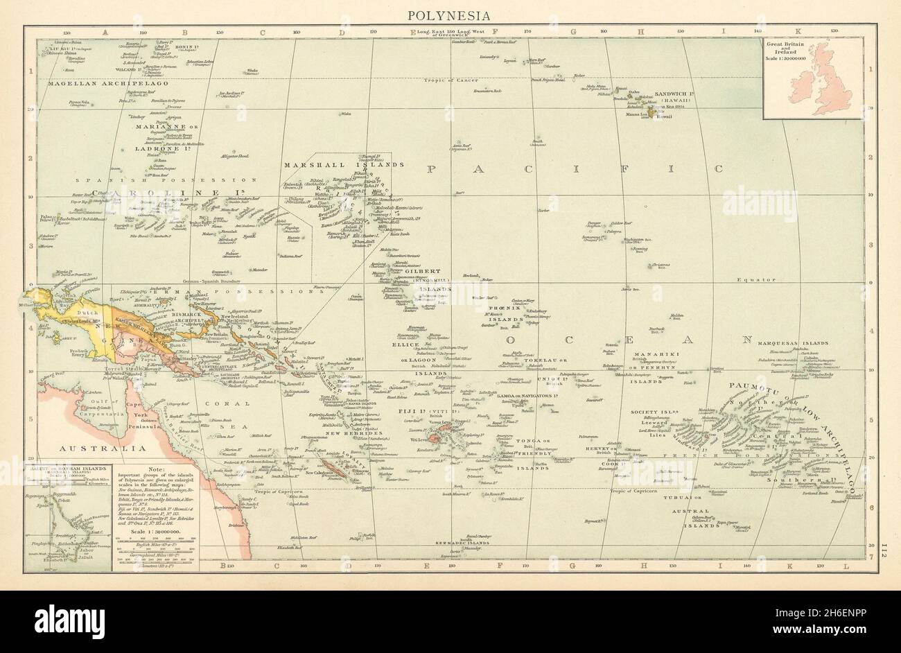 Îles du Pacifique.Polynésie Micronésie Mélanésie.Carte Fiji Caroline & c TIMES 1895 Banque D'Images