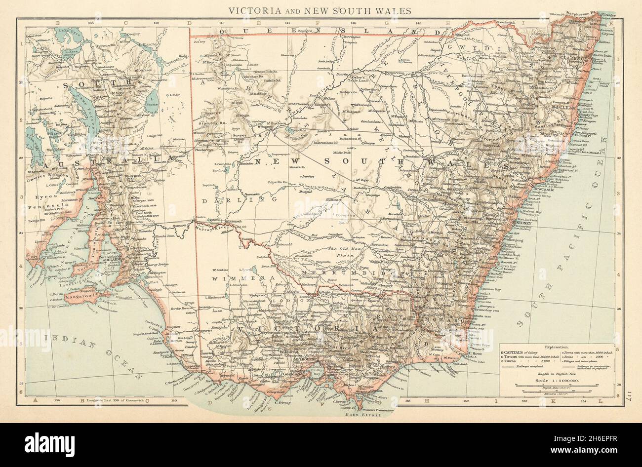 Victoria et Nouvelle-Galles du Sud.Les chemins de fer complètent et planifient la carte des HORAIRES de l'Australie en 1895 Banque D'Images