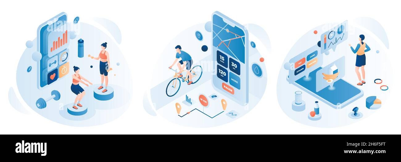 Les gens s'entraîne et font du vélo à l'aide d'applications mobiles de suivi de la santé et de la forme physique, illustration isométrique à vecteur plat. Illustration de Vecteur