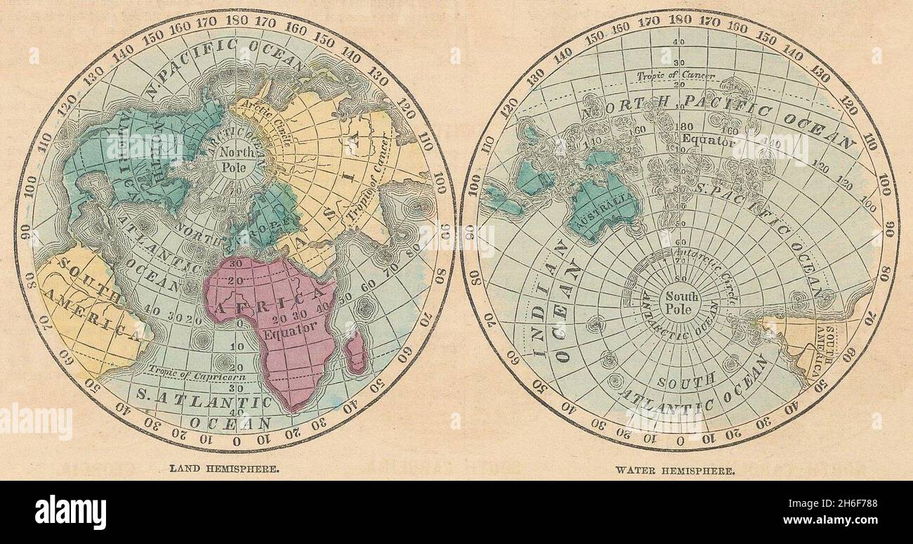 Monde.Hémisphères terrestres et aquatiques.JOHNSON 1865 ancien plan carte graphique Banque D'Images