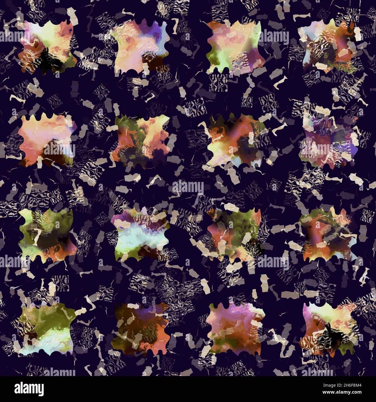 Imprimé camouflage géométrique exotique multicolore de boho.Motif de répétition détaillé pour le sol sombre automnal sans couture. Banque D'Images
