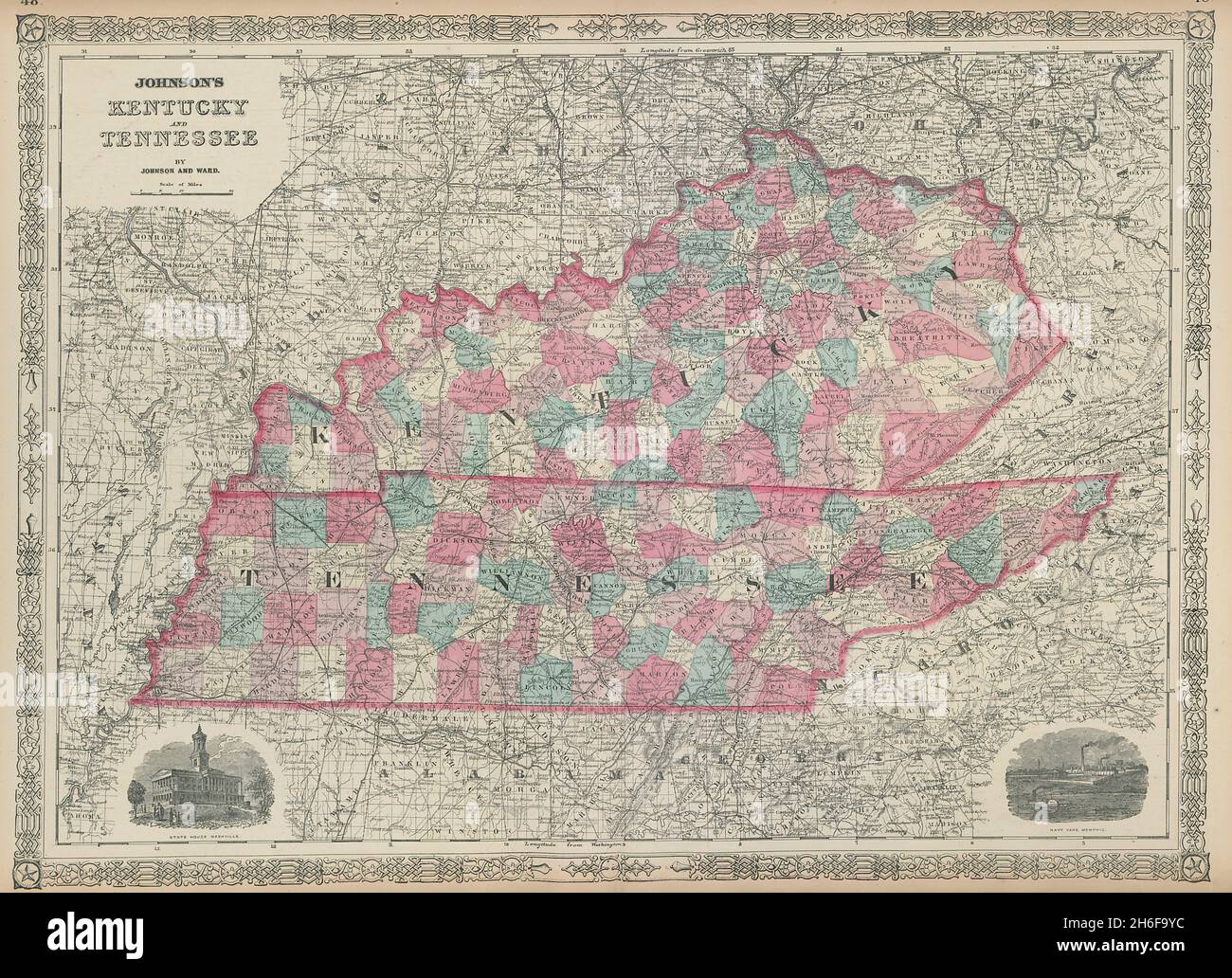 Johnson's Kentucky et Tennessee.Carte DE l'état DES ÉTATS-UNIS montrant les comtés 1865 anciens Banque D'Images