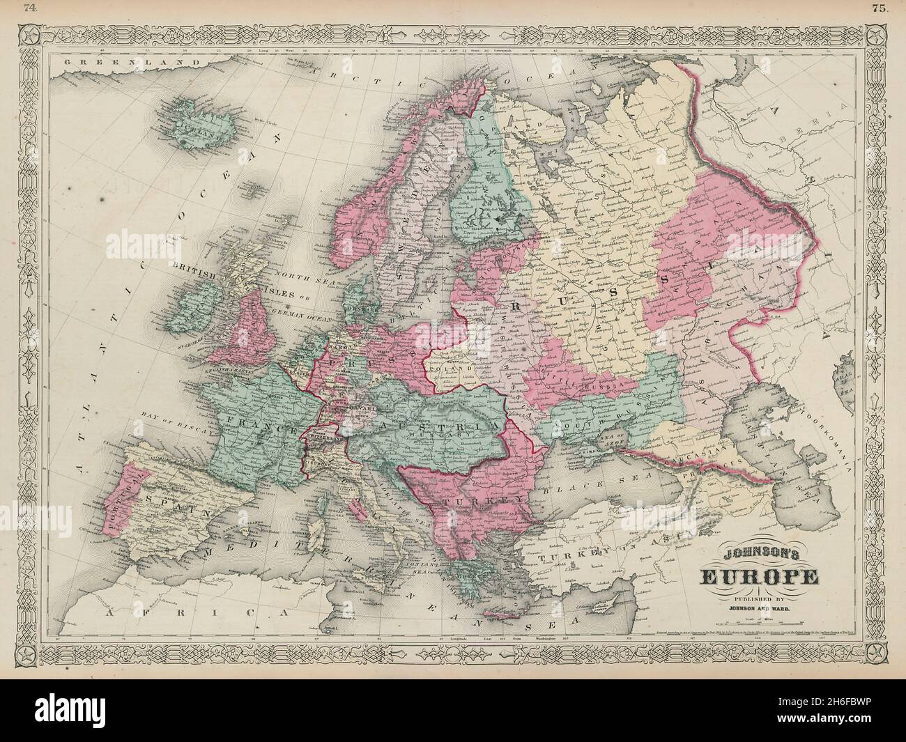 L'Europe de Johnson.Autriche Hongrie Prusse Turquie Etats papal 1865 ancienne carte Banque D'Images