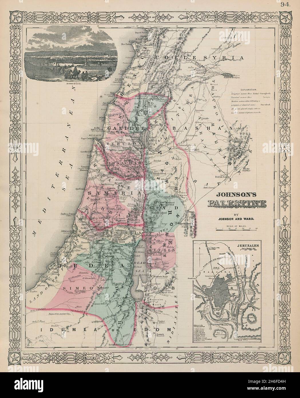 La Palestine de Johnson.Damas de Jérusalem.12 tribus d'Israël.Carte de la Terre Sainte 1865 Banque D'Images