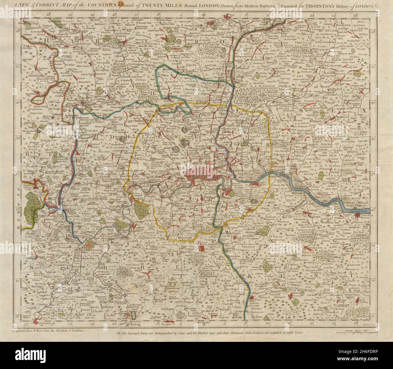 Une nouvelle carte des pays… 32 miles autour de Londres. THORNTON 1784 Banque D'Images