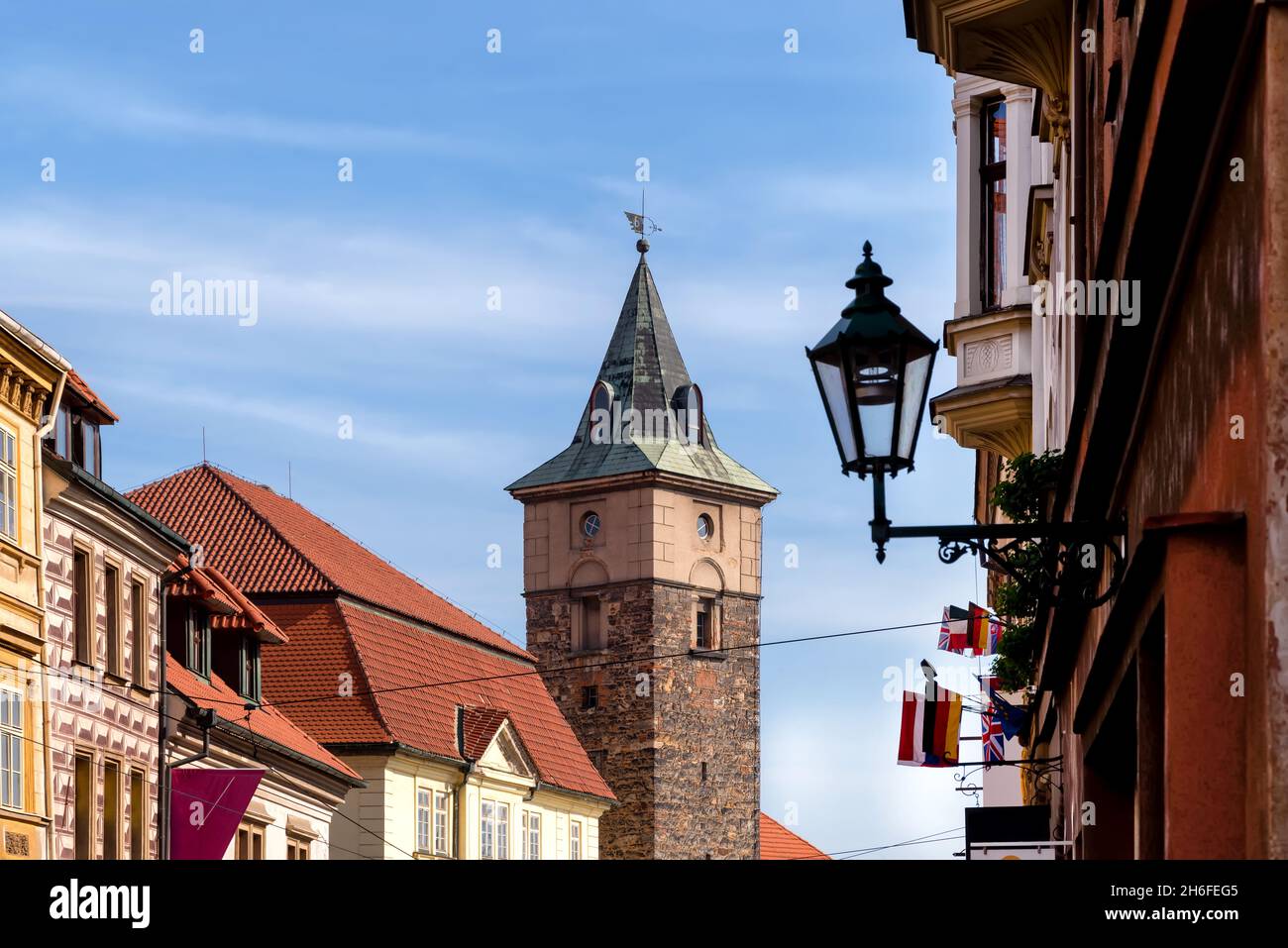 Vue sur la Tour Noire (ancienne tour d'eau) à Pilsen, République Tchèque Banque D'Images