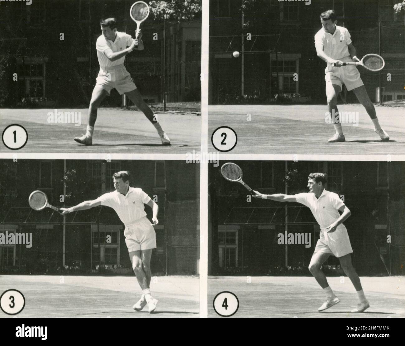 Hamilton Richardson, joueur américain de tennis, faisant une démonstration à main levée, USA 1959 Banque D'Images
