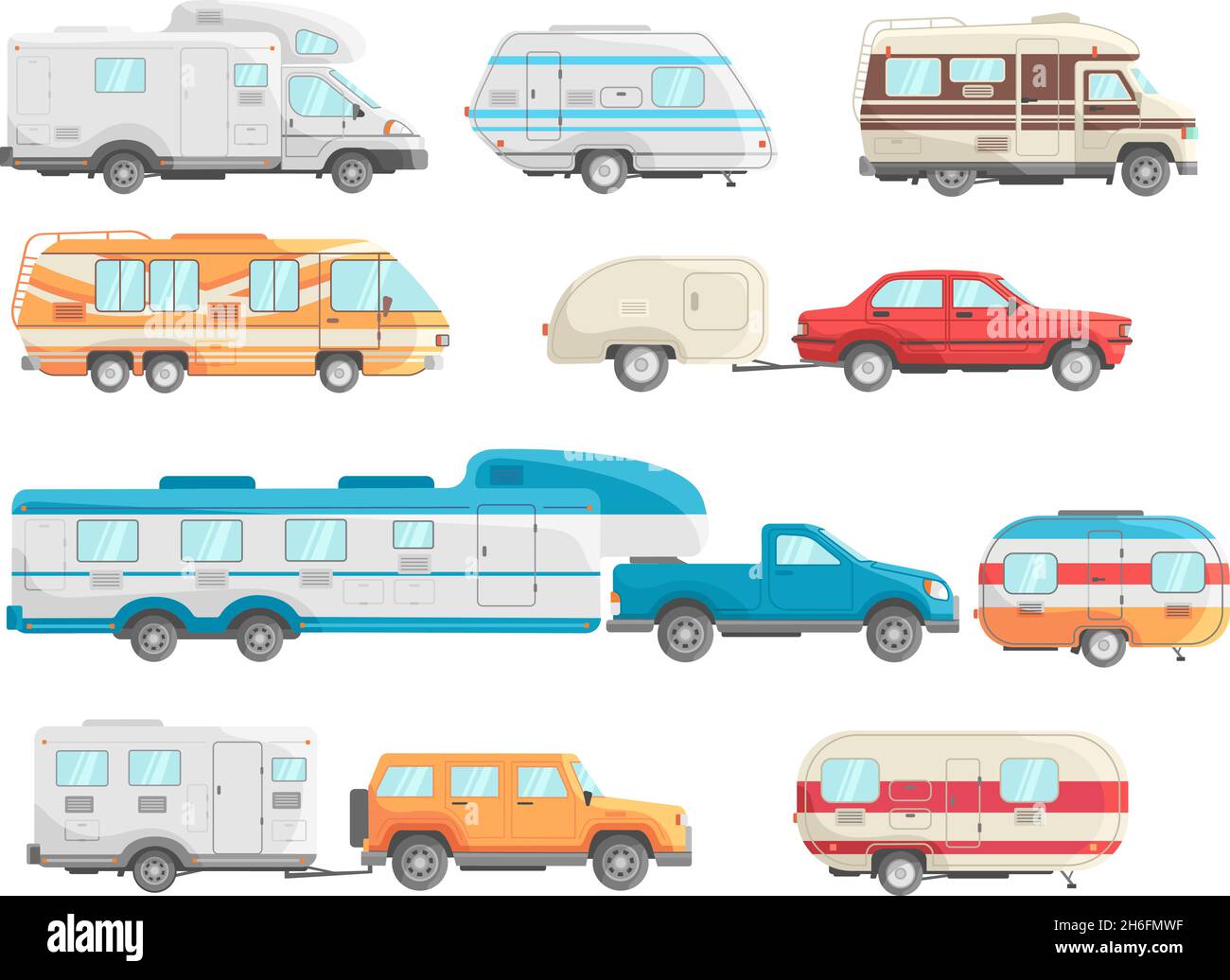 Voitures autocaravanes.Caravanes camping-cars, voiture de voyage rétro, caravanes de remorque, véhicule de vacances, roue de camping-car,camions routiers, illustration vectorielle plate icon set.Caravane de voyage autocaravane, caravane de camping Illustration de Vecteur