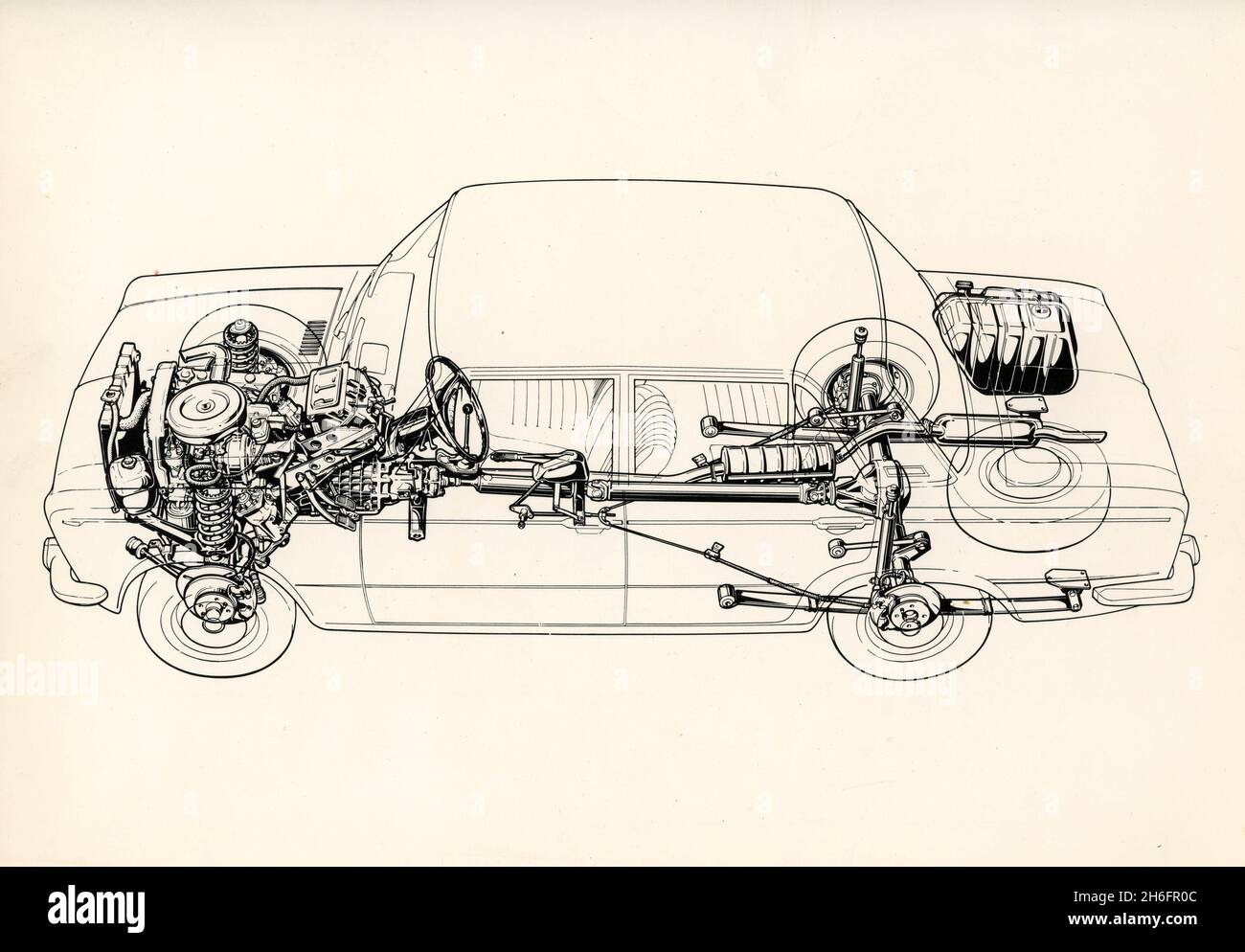 Dessin de la structure et des composants mécaniques de la berline FIAT 125 quatre portes, Italie 1967 Banque D'Images