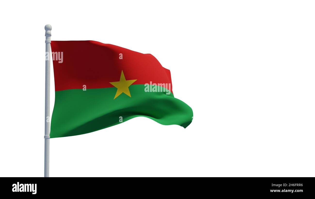 Drapeau national du Burkina Faso, agitant dans le vent.Rendu 3d, CGI.Illustration, isolée sur blanc Banque D'Images