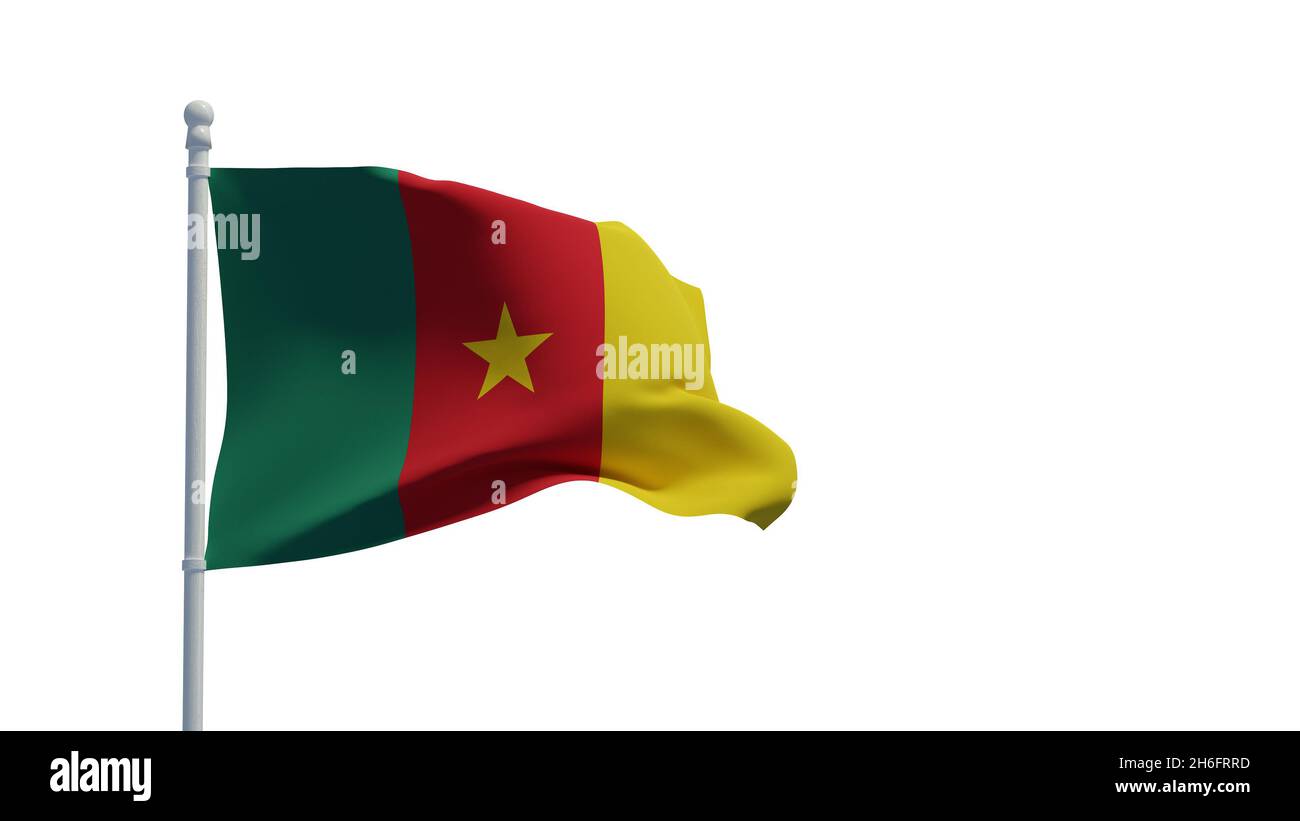 Drapeau national de la République du Cameroun, agitant dans le vent.Rendu 3d, CGI.Illustration, isolée sur blanc Banque D'Images