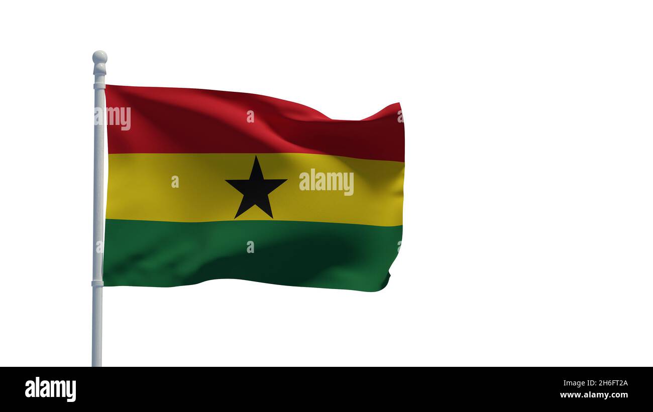Drapeau national de la République du Ghana, agitant dans le vent.Rendu 3d, CGI.Illustration, isolée sur blanc Banque D'Images
