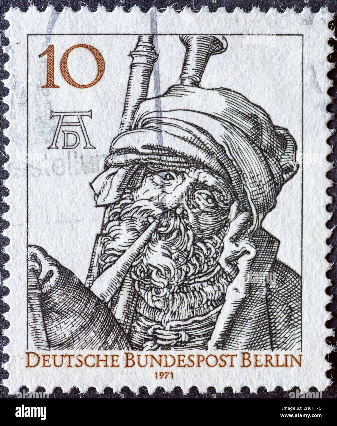 ALLEMAGNE, Berlin - VERS 1971: Timbre-poste d'Allemagne, Berlin montrant une gravure d'Albrecht Dürer (1471-1528) photo: Le cornemuse - Banque D'Images