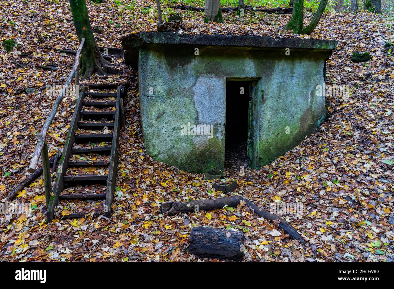 maison en pierre avec des escaliers en bois dans la forêt d'automne Banque D'Images