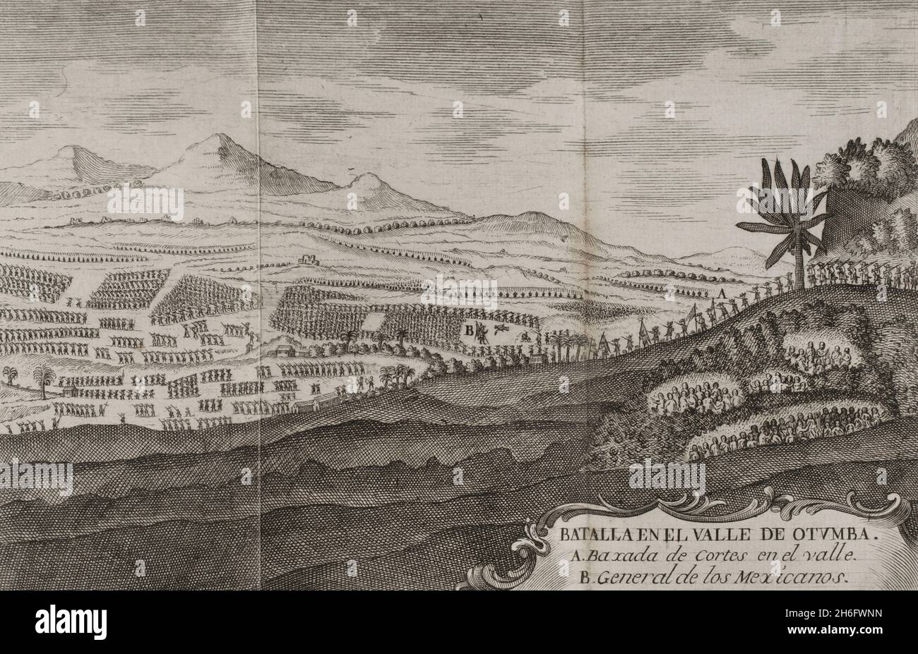 Bataille d'Otumba (7 juillet 7, 1520).Confrontation entre l'armée des Aztèques et les troupes espagnoles dirigées par Hernán Cortés.Détail d'une gravure représentant les forces de Cortés descendant dans la vallée où le général Aztec a été positionné (plaine de la vallée d'Otumba).'Historia de la Conquista de México, población, y progresos de la América septentrional, conocida por el nombre de Nueva España' (Histoire de la conquête du Mexique, population, et progrès de l'Amérique du Nord, connu sous le nom de Nouvelle Espagne).Ecrit par Antonio de Solís y Rivadeneryra (1610-1686), chroniqueur des Indes.Volume Banque D'Images