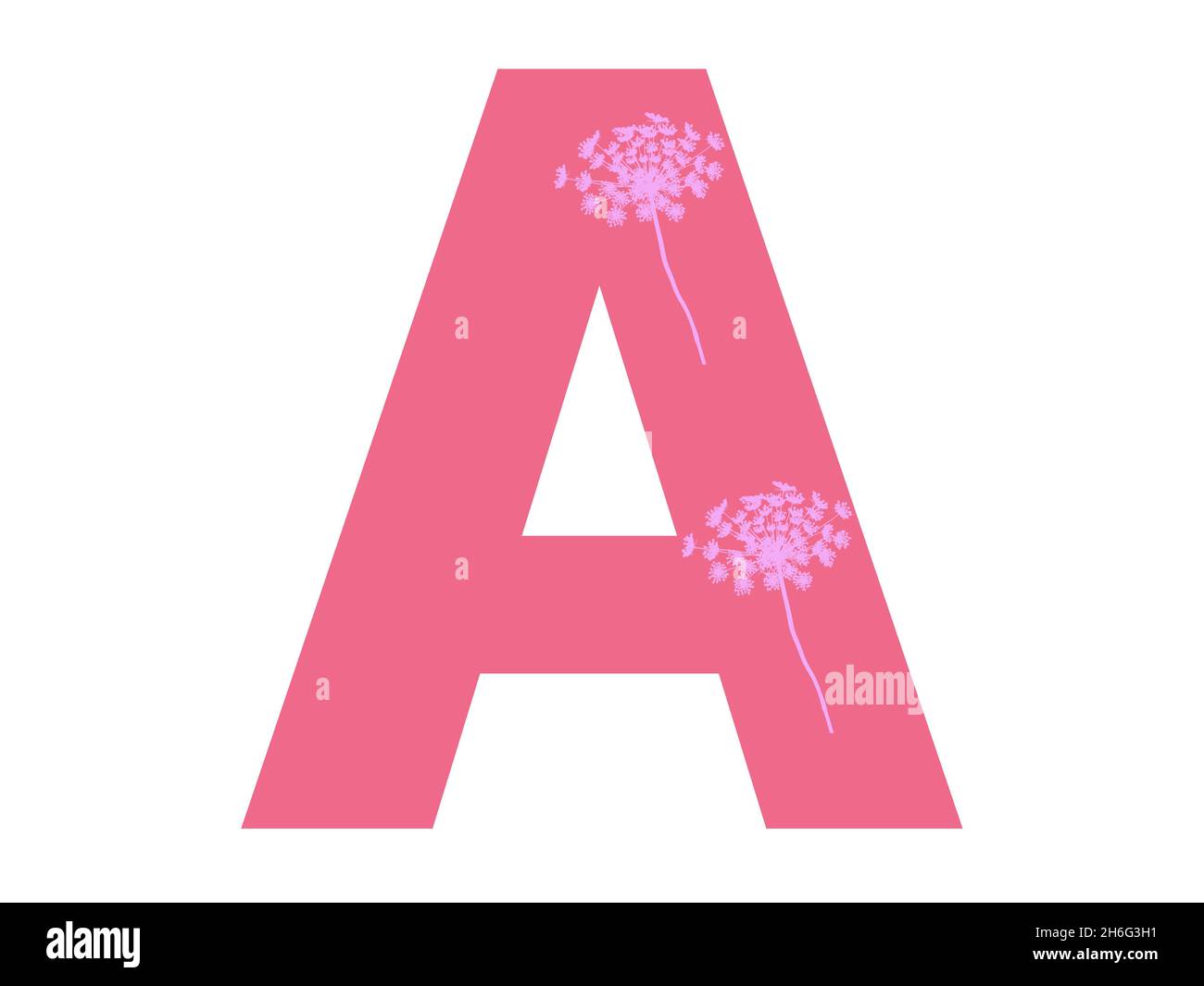 Lettre A de l'alphabet avec silhouette de fleur rose sur fond rose foncé, la lettre est isolée sur fond blanc Banque D'Images