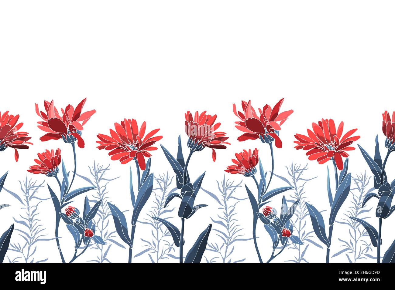 Motif fleuri vectoriel sans couture, bordure.Fleurs rouges, bourgeons, feuilles bleues, herbes. Illustration de Vecteur