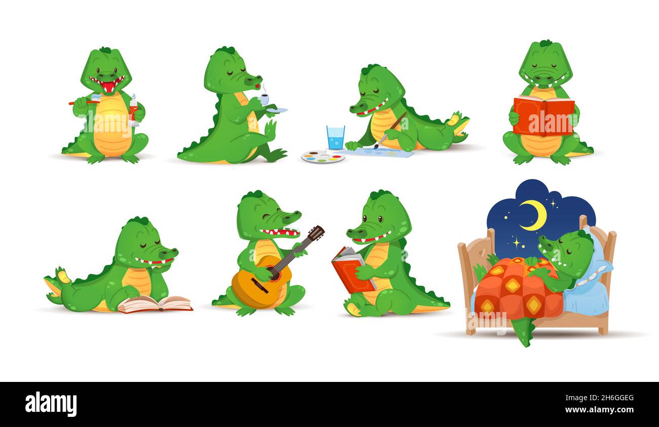 Figurines mignonnes de crocodiles verts faisant leurs activités quotidiennes.L'alligator lit, boit, dort, se brosse les dents.Illustration vectorielle , dessin animé Illustration de Vecteur