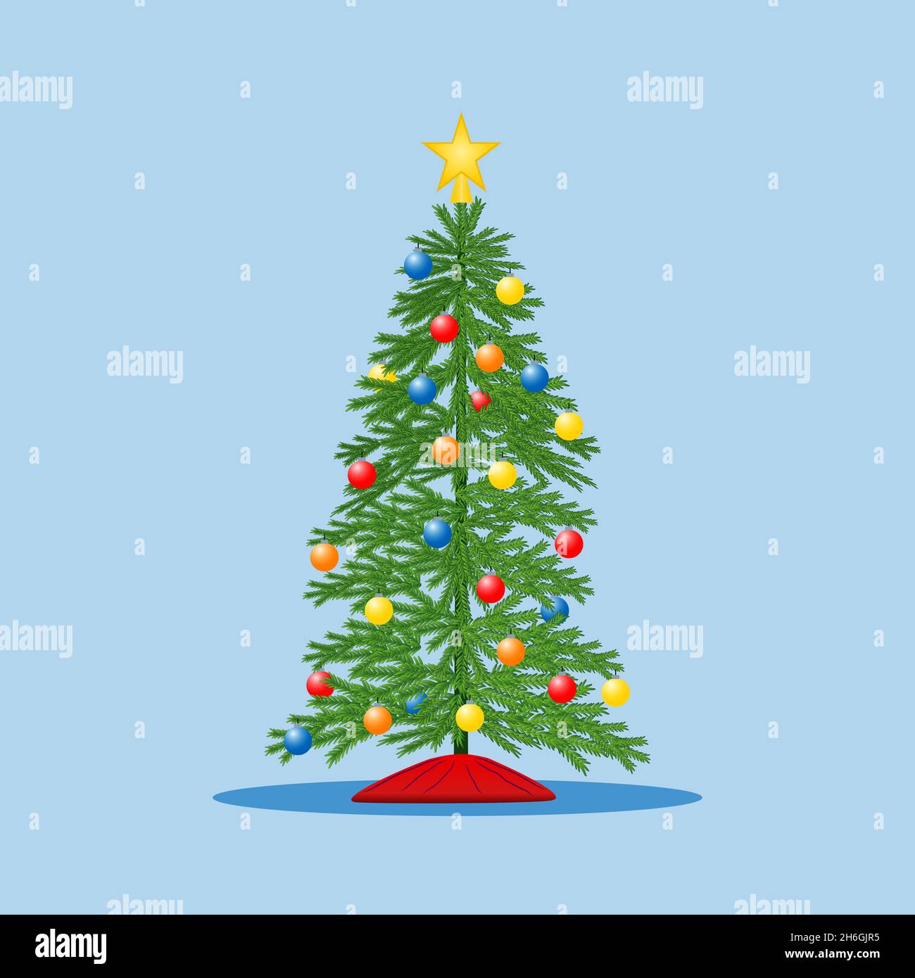 Arbre de Noël avec des ornements de boules colorés avec un fond bleu - Illustration Banque D'Images