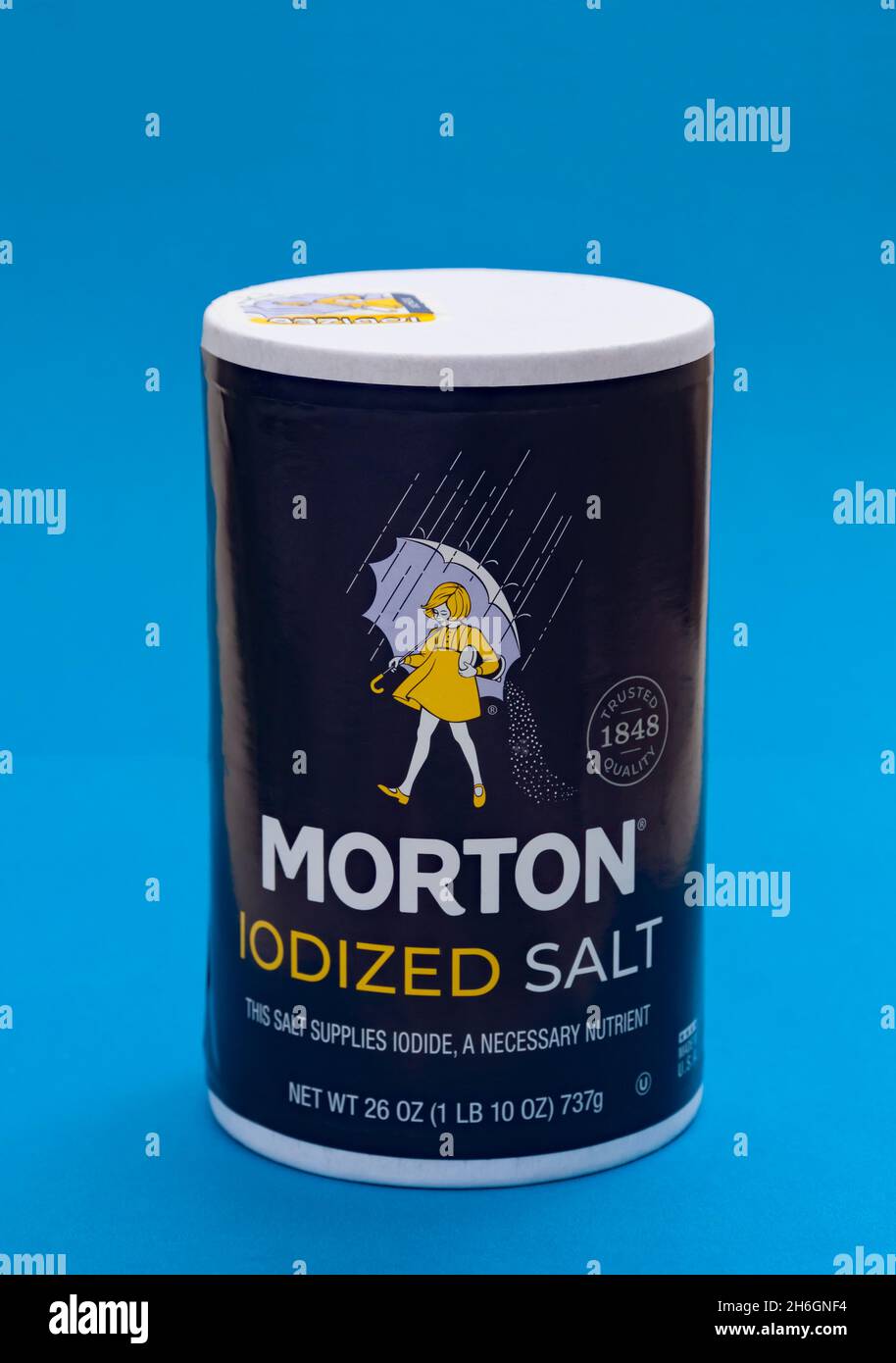 Contenant de sel iodé de Morton. Banque D'Images