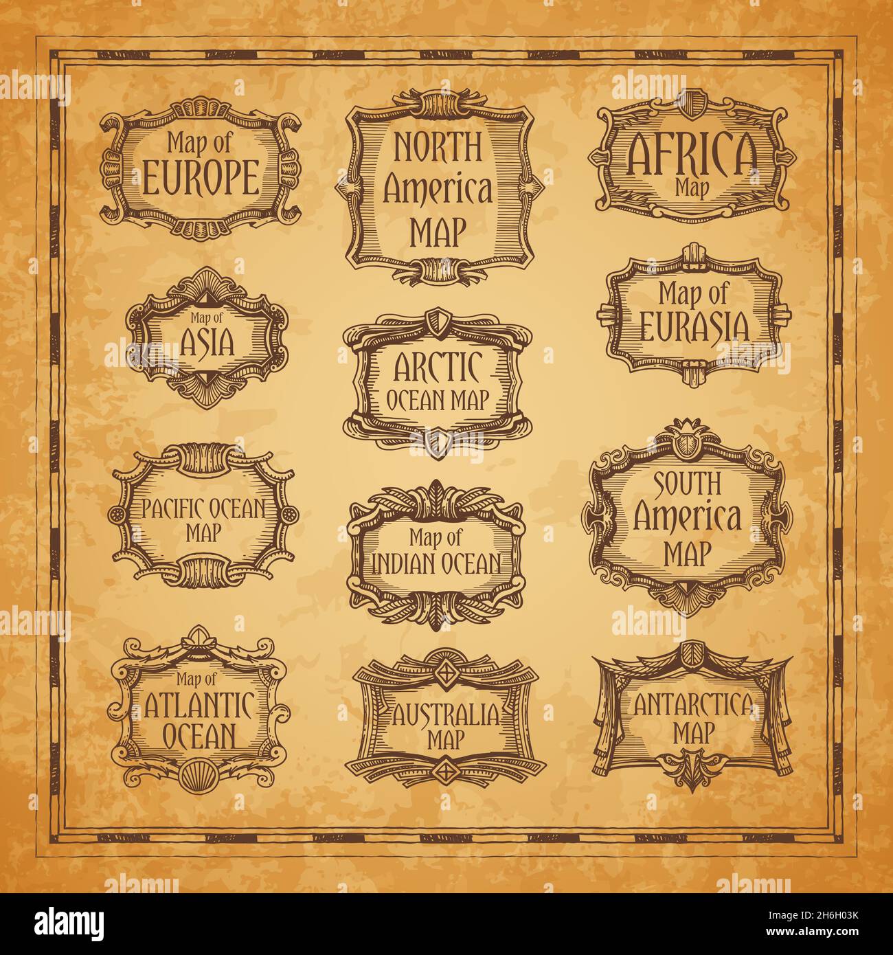 Cadres et bordures de cartes vintage.Panneaux Océan et continents.Europe, Afrique et Asie, Amérique du Sud et du Nord, Australie, Antarctique vecteur gravé ca Illustration de Vecteur