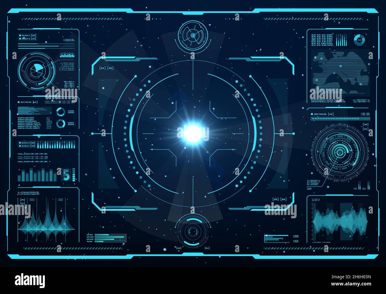 HUD Spacehip ou navette avion interface d'écran numérique, vecteur ui ou gui de Sci Fi espace jeu.Ecran hologramme de l'affichage tête haute avec commande de visée Illustration de Vecteur