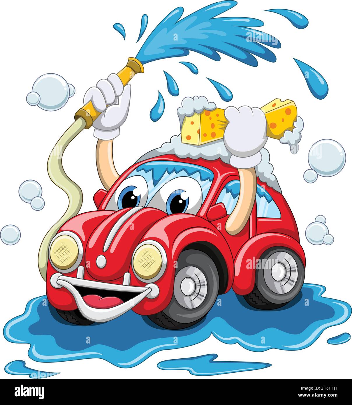 Lavage de voiture en dessin animé avec tuyau d'eau et d'une éponge Illustration de Vecteur