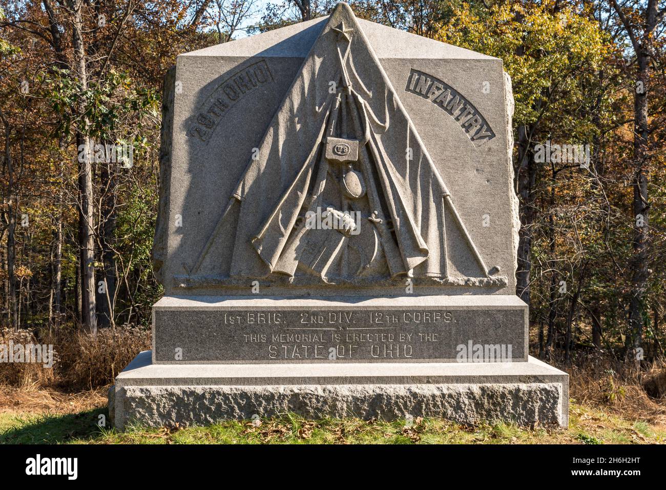 Le 29e monument du régiment d'infanterie volontaire de l'Ohio sur l'avenue Slocum au parc militaire national de Gettysburg à Gettysburg, Pennsylvanie, États-Unis Banque D'Images