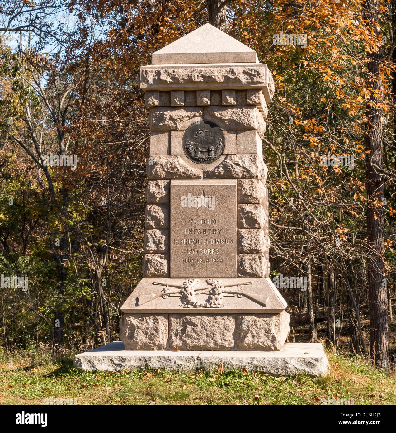 Le monument du 7e régiment d'infanterie volontaire de l'Ohio, situé sur l'avenue Slocum, au parc militaire national de Gettysburg, à Gettysburg, Pennsylvanie, États-Unis Banque D'Images