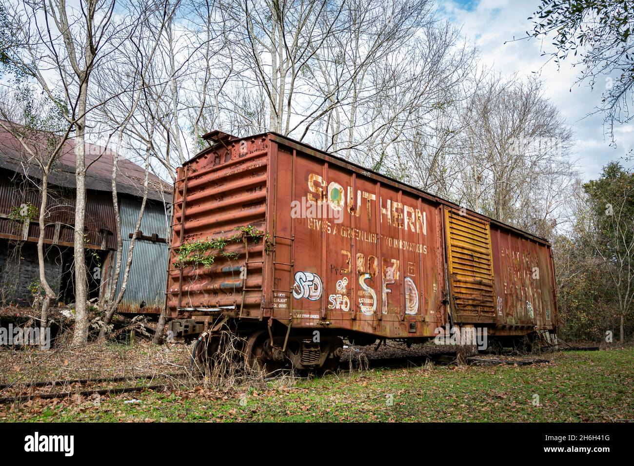 Selma, Alabama, États-Unis - 26 janvier 2021 : un ancien wagon au Old Depot Museum, un dépôt ferroviaire de 1891. Banque D'Images