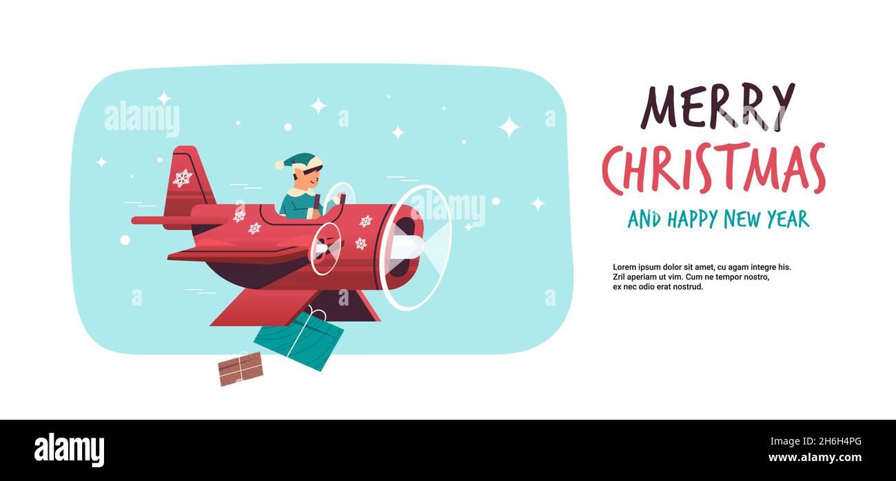 elf avion volant avec des cadeaux joyeux noël heureux nouvel an hiver fête concept horizontal Illustration de Vecteur