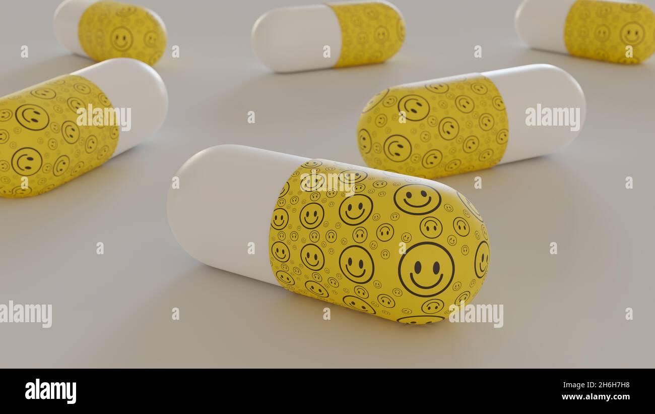 Heureux visage souriant comprimés de médecine texturés.Concept de médicament antidépresseur.Illustration du rendu 3D. Banque D'Images