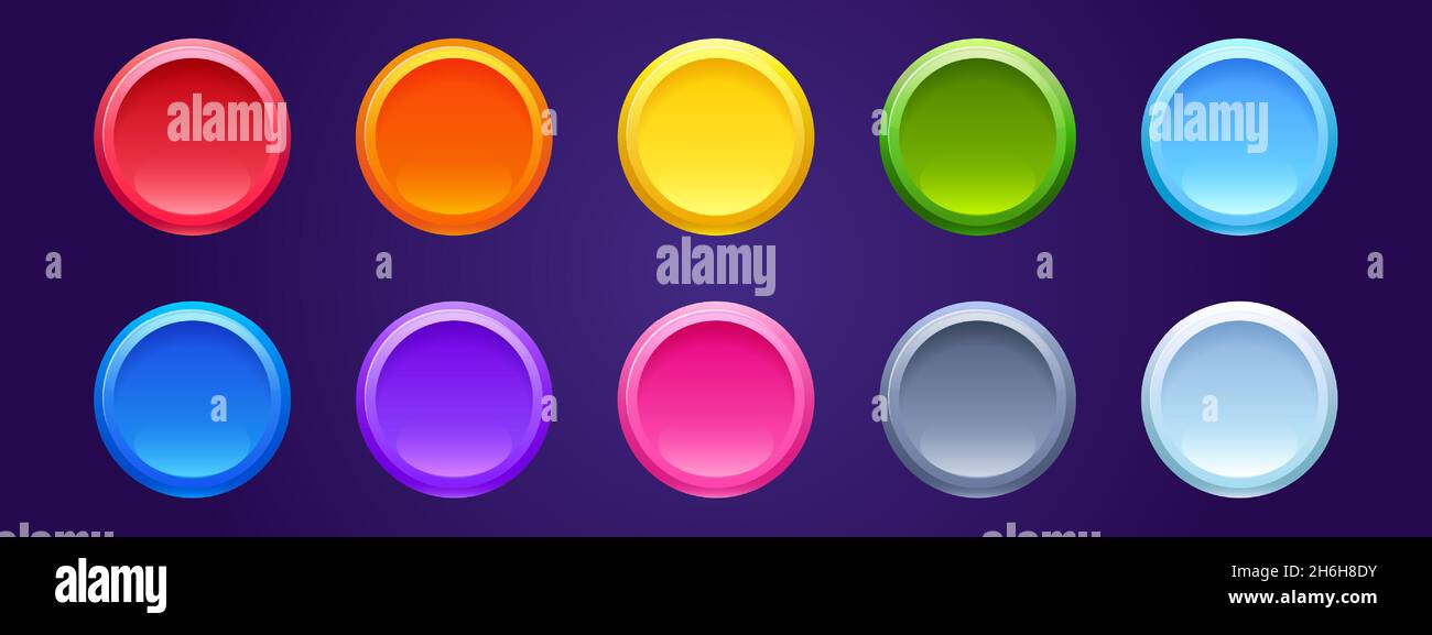 Boutons ronds de couleur isolés sur l'arrière-plan.Ensemble vectoriel de balises de cercle lumineux vides, badges 3d pour site Web, jeu ou application mobile.Boutons-poussoirs Internet vierges Illustration de Vecteur