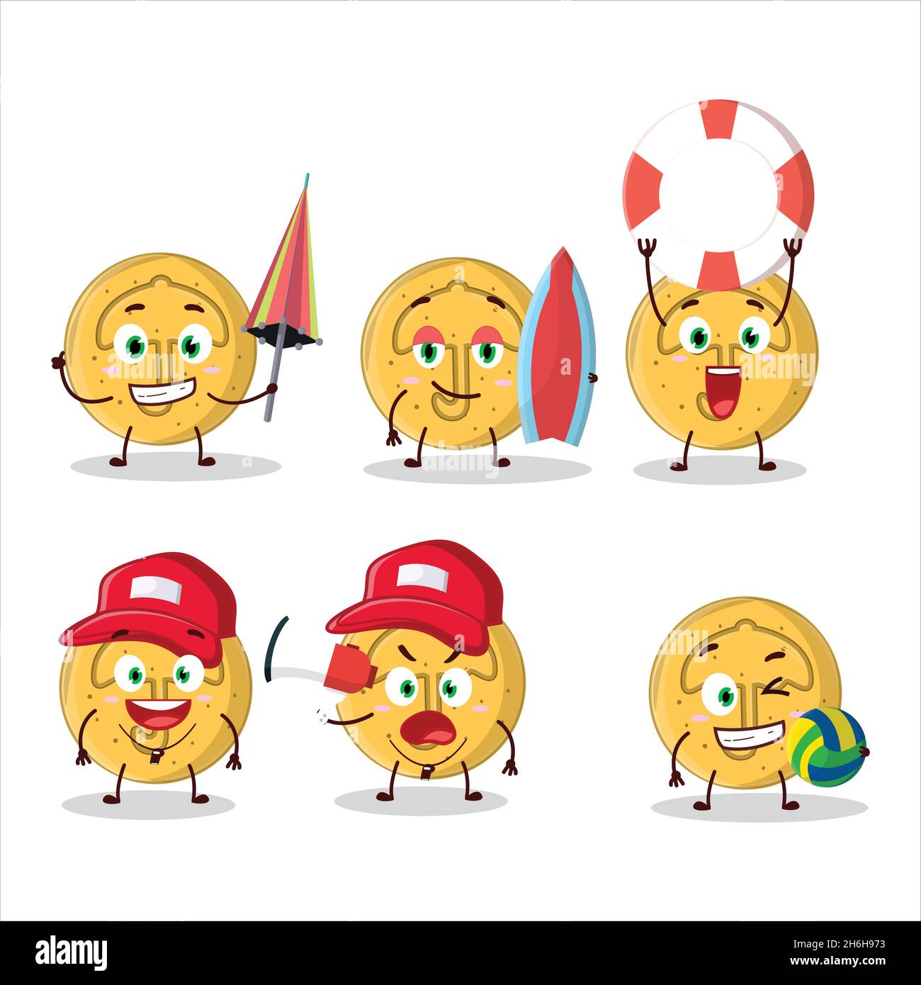 Happy face dalgona parapluie de bonbons personnage de dessin animé jouant sur une plage.Illustration vectorielle Illustration de Vecteur