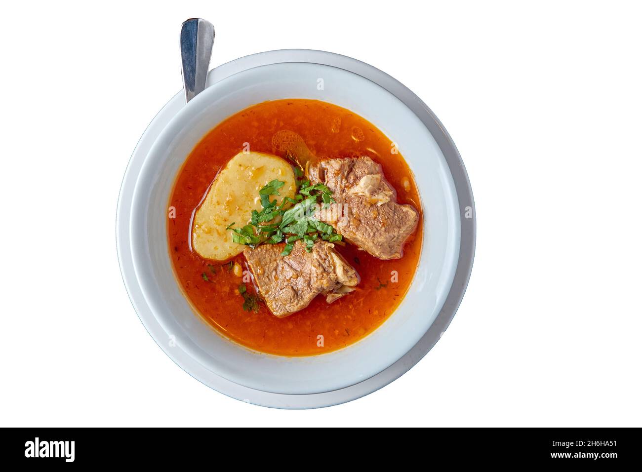 Soupe Bozbash, veau sur un os, pomme de terre, oignon, tomate, vue de dessus,sur un arrière-plan blanc isolé Banque D'Images