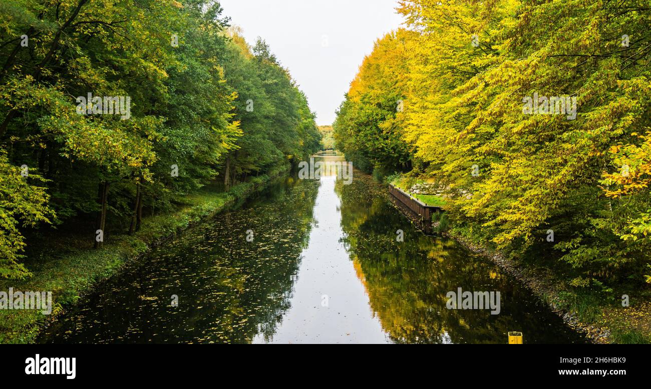 Rivière Elde avec arbres aux couleurs d'automne sur les deux rives de la rivière Banque D'Images