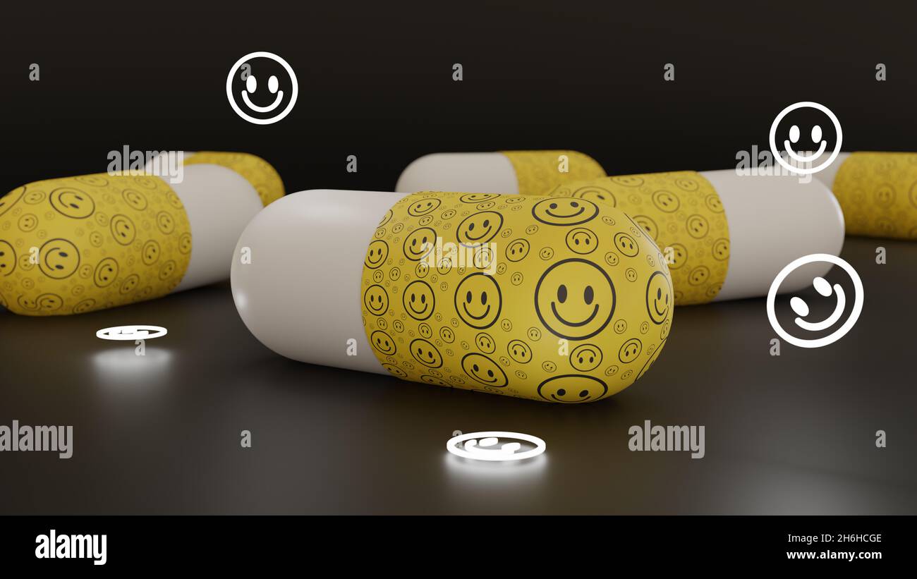 Face souriante comprimés texturés couchés sur une surface plane.Concept de médicament antidépresseur.Illustration du rendu 3D. Banque D'Images