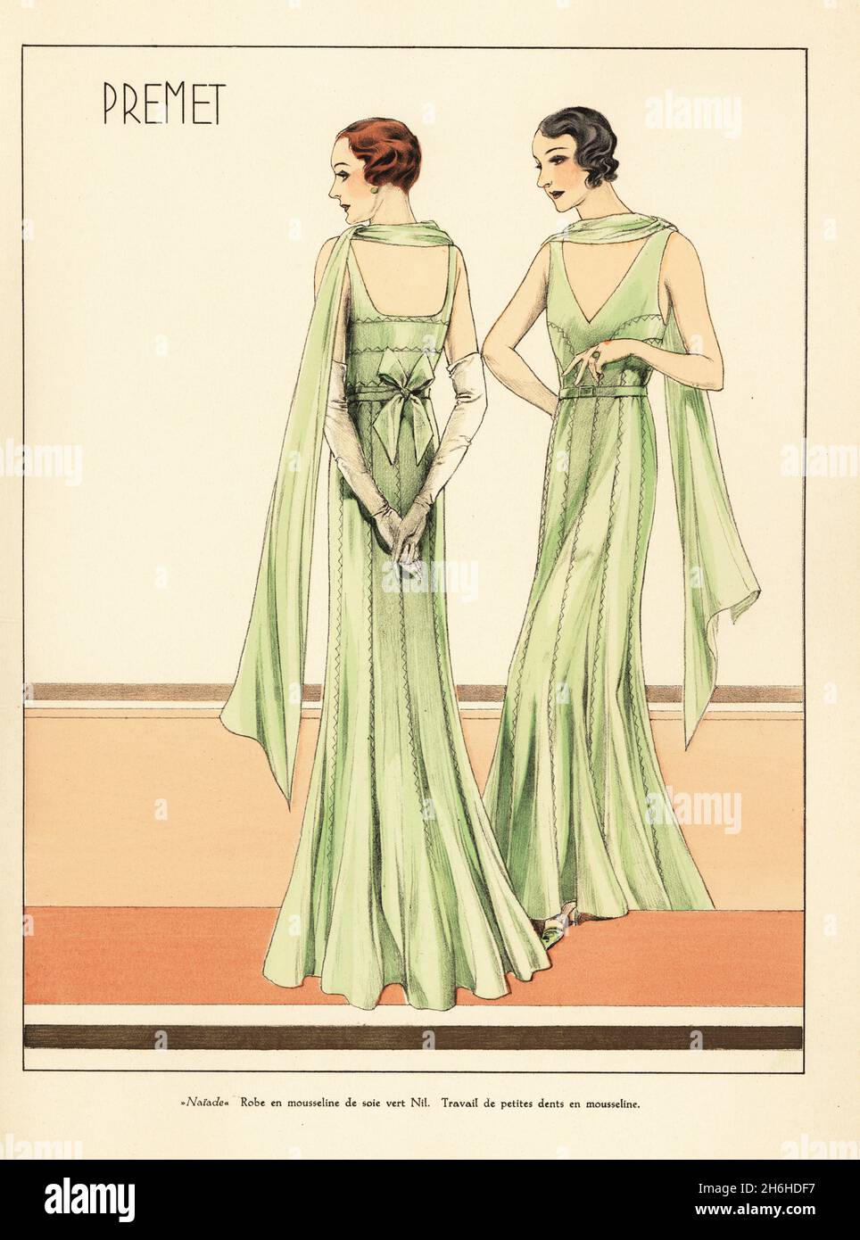 Robe de soirée en mousseline de soie vert du Nil conçue par Maison Premet,  marque de mode dirigée par Madeleine Premet.Les deux avec des bavettes  Marcel Wave.Naiade: Robe en mousseline de soie