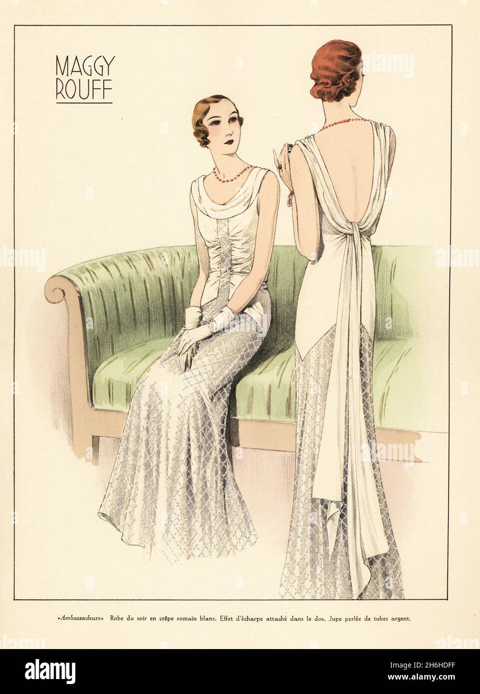 Robe de soirée en crêpe romaine blanche, attachée avec foulard à l'arrière,  les Ambassadeurs.Marcel WAVE bob coiffure.Fashion designs par Maggy Rouff.,  designer belge de mode et de costume.Lithographie pochoeur de couleur main