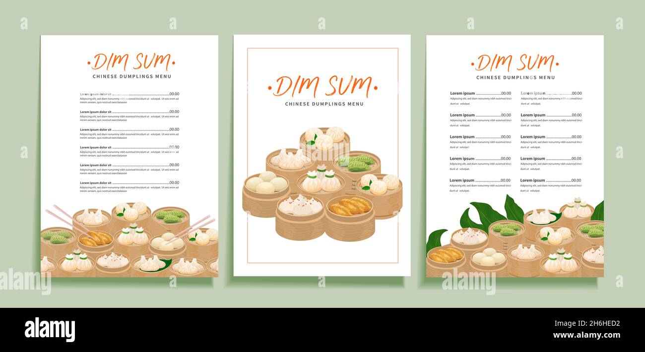 Modèle de menu de beignets dim sum pour le restaurant de cuisine chinoise. Conception vectorielle de la disposition des menus avec illustrations de boulettes traditionnelles asiatiques Illustration de Vecteur