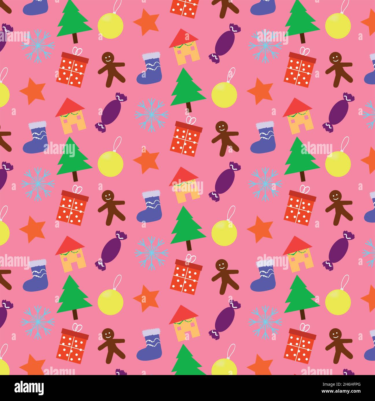 Fond de Noël avec arbres et boules de Noël, étoiles, biscuits de pain d'épice, cadeaux, flocons de neige,Bonbons, bas de Noël et tous décorés Illustration de Vecteur
