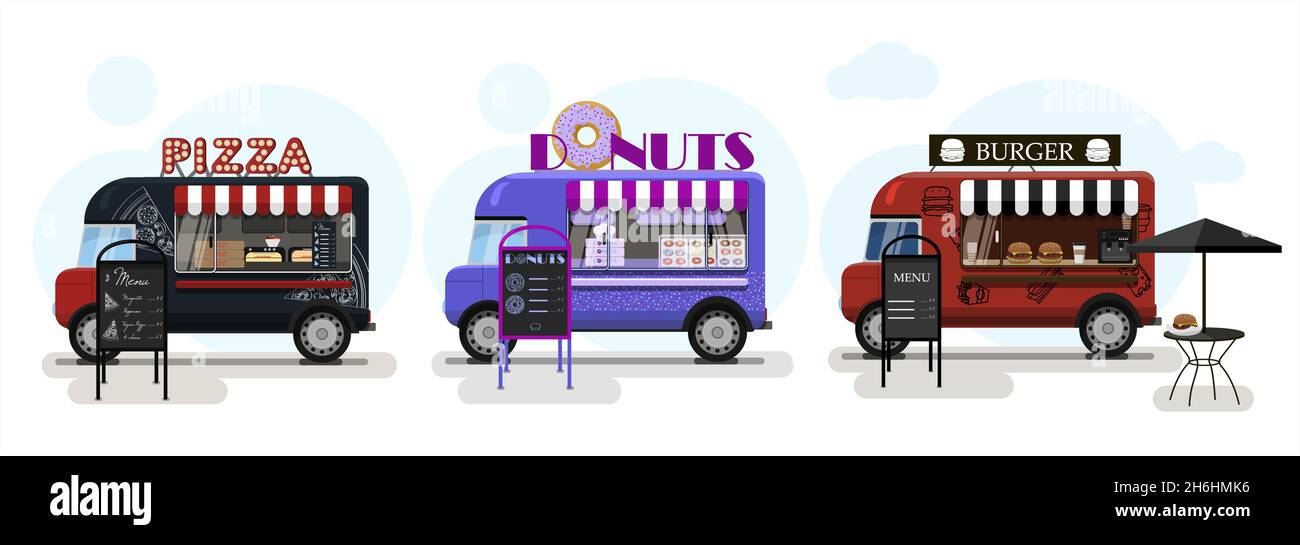 Ensemble de chariots alimentaires Vector avec pizza, beignets et hamburgers.Illustration vectorielle plate d'un fast-food sur roues avec un auvent rayé et un Illustration de Vecteur