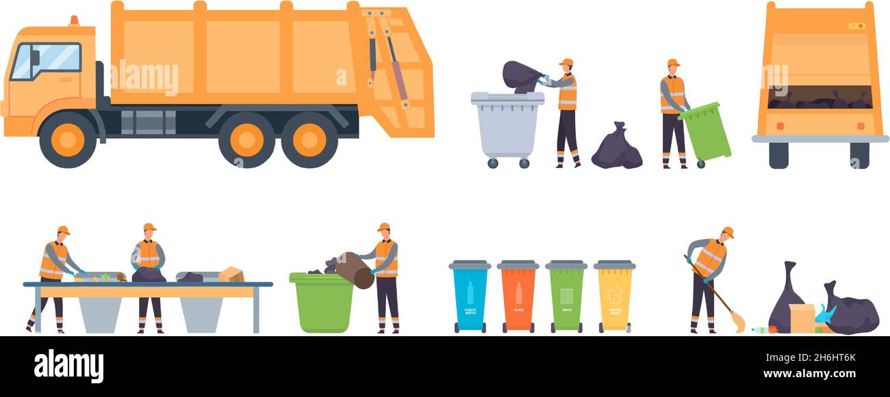 Personnel de service à plat des ordures, concierges et camions de déchets.Convoyeur de tri d'usine de recyclage.Ensemble de bacs de recyclage, de conteneurs et de sacs à déchets vectoriels Illustration de Vecteur