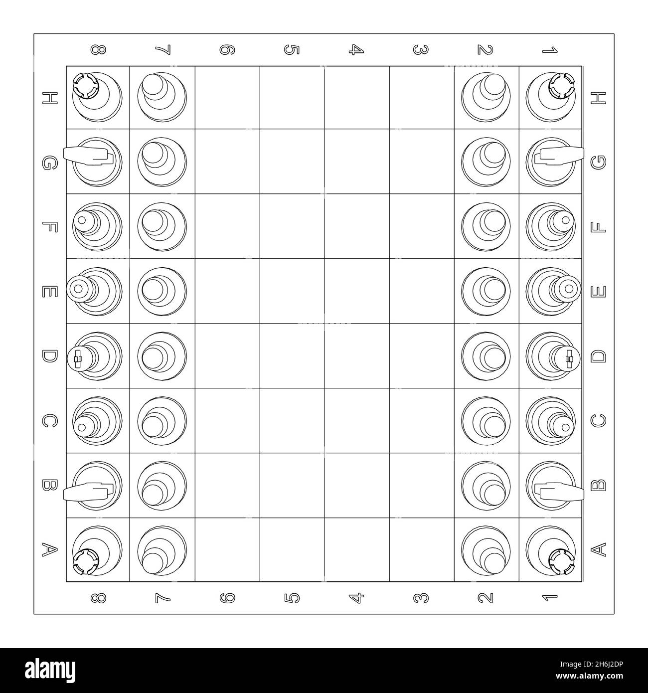 Contour des pièces d'échecs sur un échiquier à partir de lignes noires isolées sur un fond blanc.Vue de dessus.3D.Illustration vectorielle Illustration de Vecteur