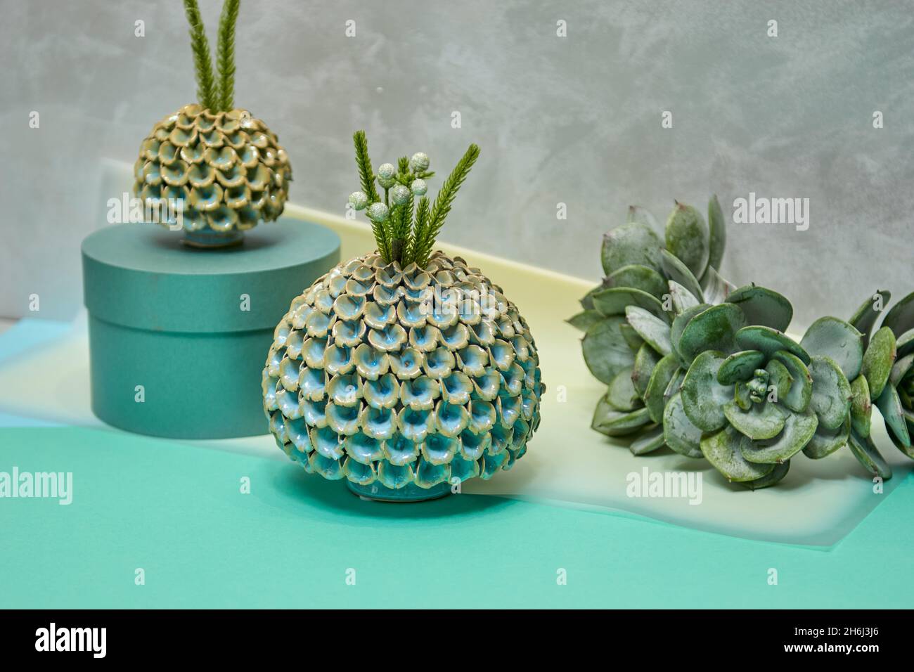 Vase en céramique décoratif.Belle disposition florale de plantes succulentes AF et cactus en pot de fleurs sur table en marbre gris clair.Intérieur élégant hom Banque D'Images